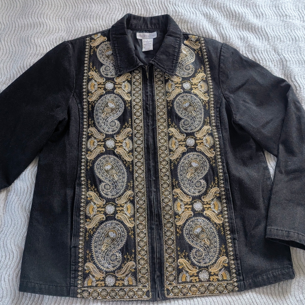 Susan Graver Black Denim Jacket with Gold and White Embroidery Detailing